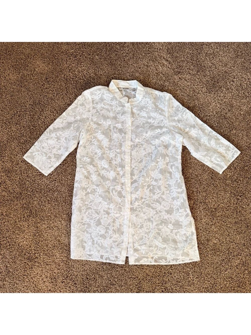 Vintage Sheer White Floral Fabric Buttoned Tunic Top By UNITS Size PXL